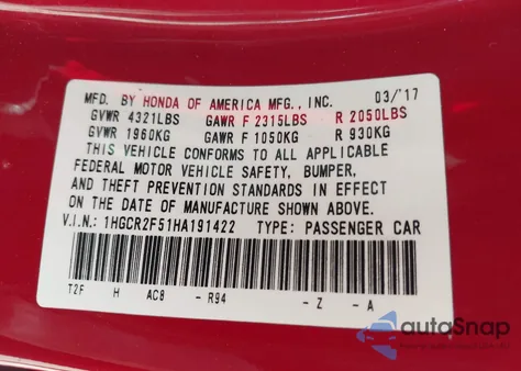 2017 Honda Accord Sport from USA, damaged, VIN 1HGCR2F51HA191422